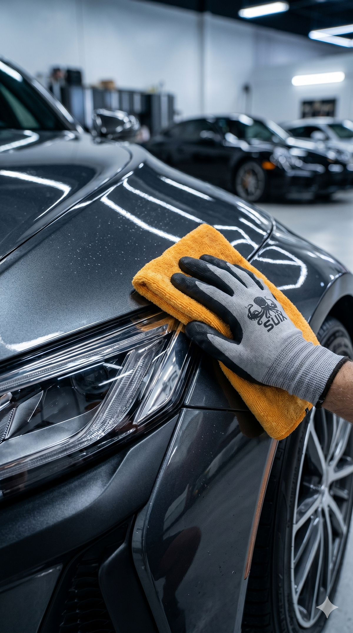 Hand with glove wiping down a car headlight