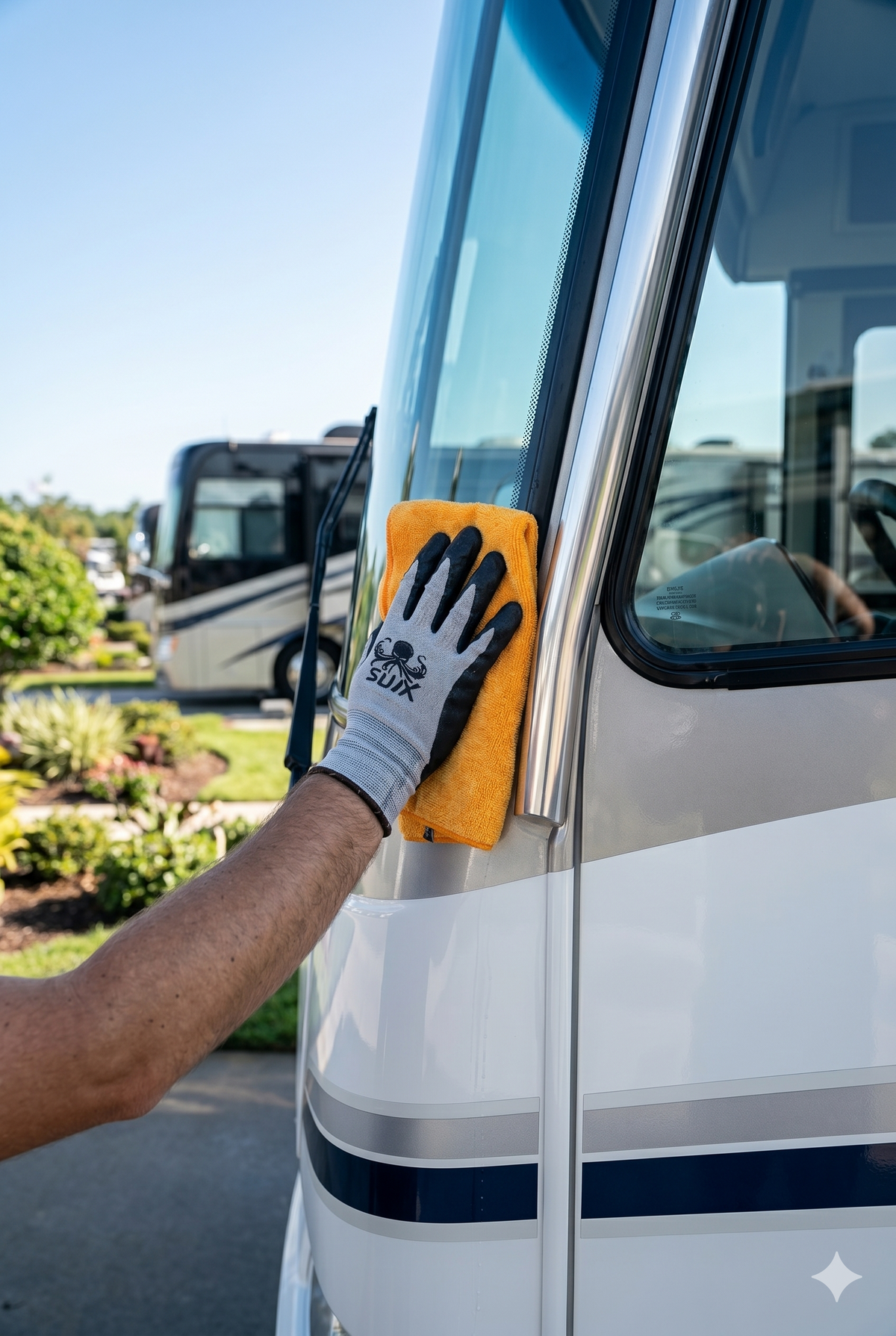 Hand with glove wiping down a RV exterior.