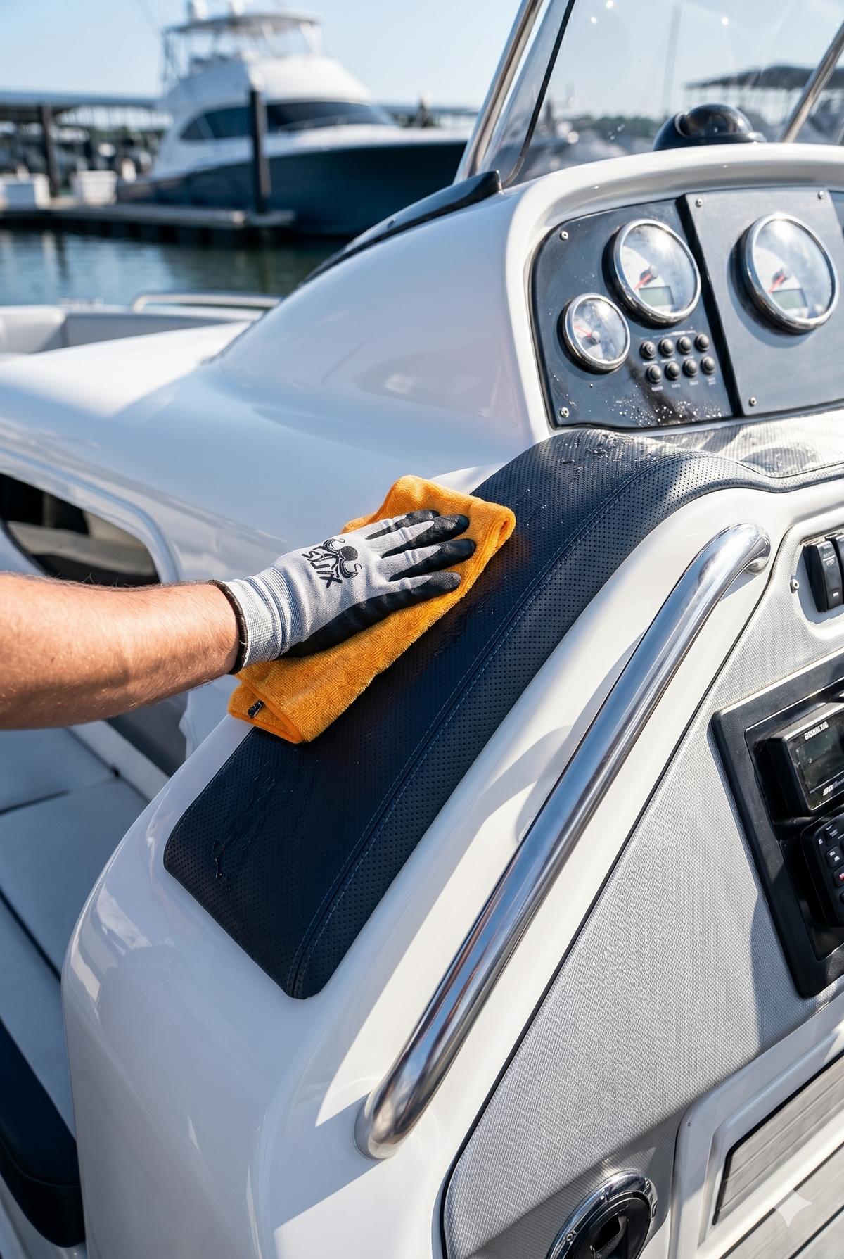 Hand with slix glove wiping down the interior of a boat