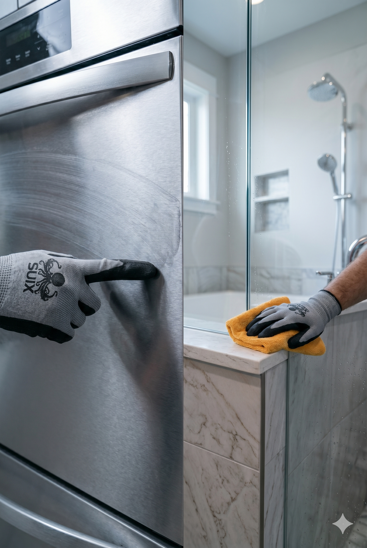 Side by side image of a hand with glove pointing at a appliance and a hand with glove wiping down a shower.