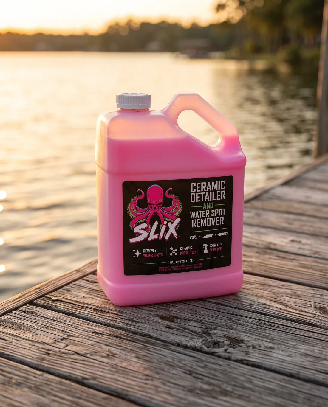 Gallon of SLIX Ceramic Detailer on a wooden dock