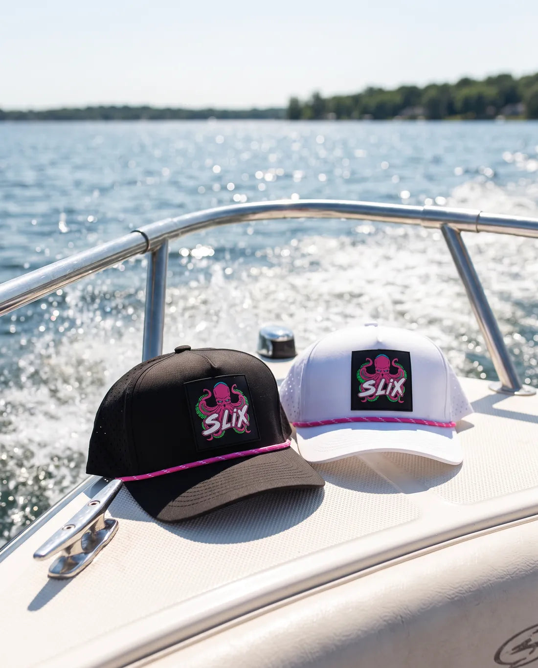 SLIX Marine hats on a boat underway
