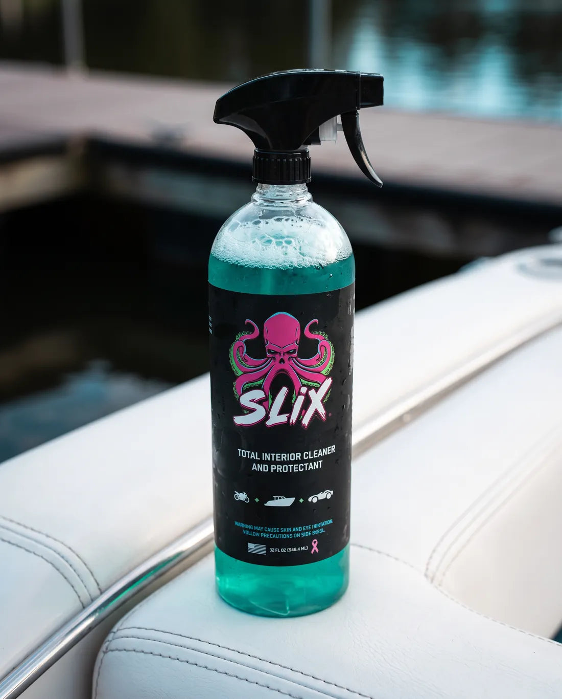 SLIX Total Interior Cleaner on a white boat seat