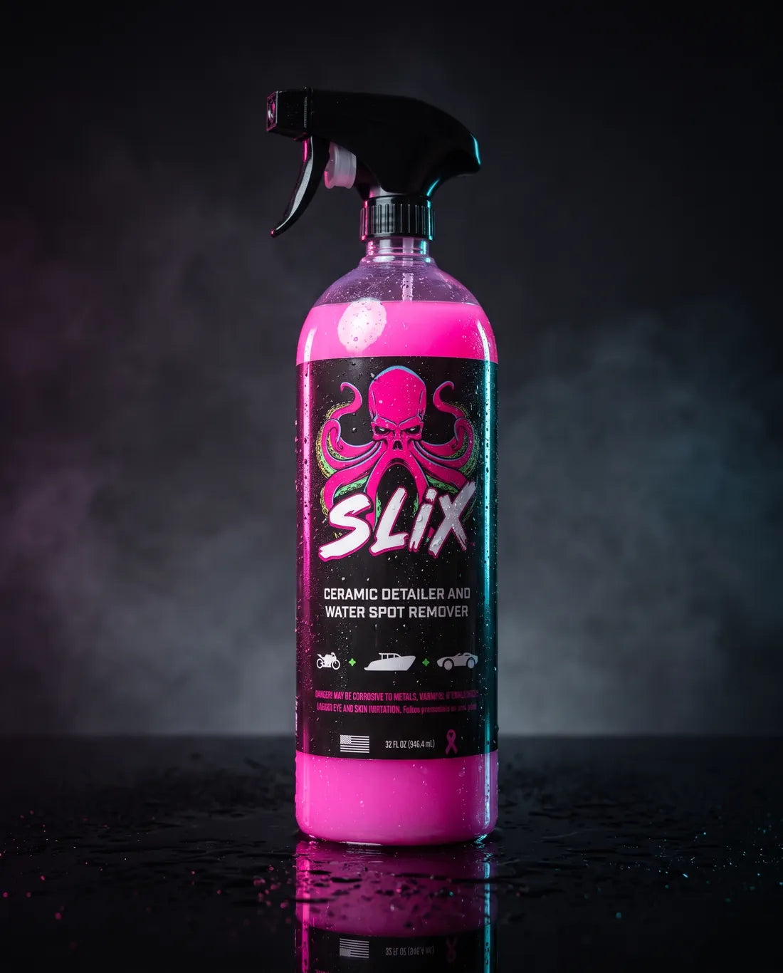 SLIX Ceramic Detailer spray bottle on a dark wet surface