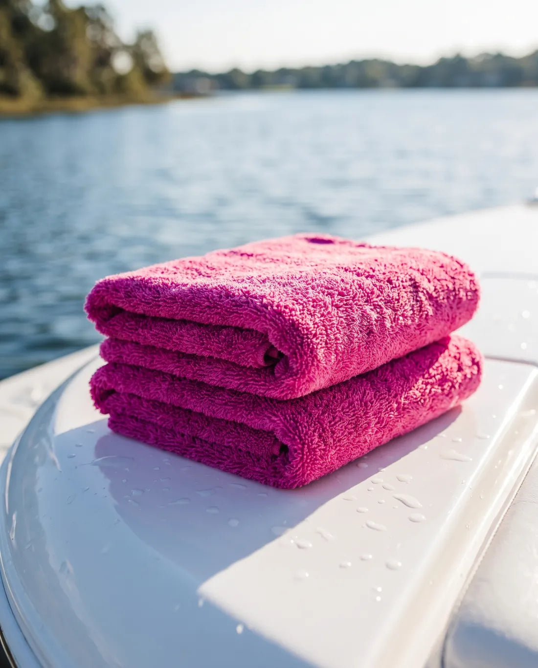 SLIX Big Pink Towel folded on a boat bow