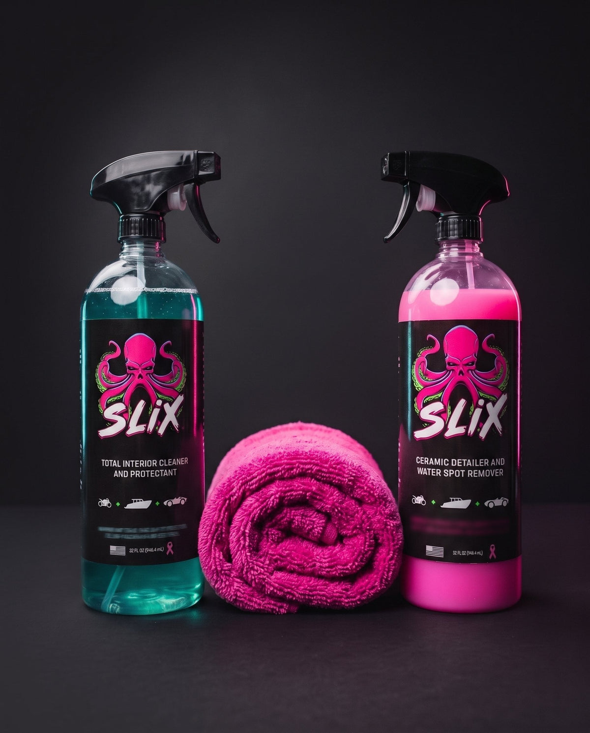 SLIX Ultimate Combo Kit studio photo: detail spray, interior cleaner and Big Pink Towel